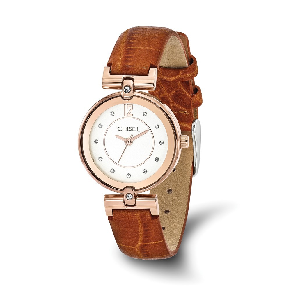 Ladies Chisel Rose IP-plated White Dial Brown Leather Wrist Watch, 8 inch Length